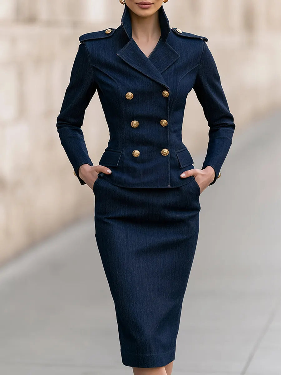 Military-Inspired Denim Blazer & Midi Skirt Set