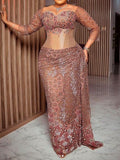 Round-Neck Floral Printed Beaded Long Sleeve Empire Maxi Dress