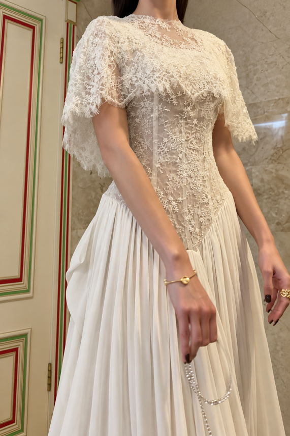 ivory-lace-top-pleated-maxi-skirt-set-short-sleeve-two-piece-dress