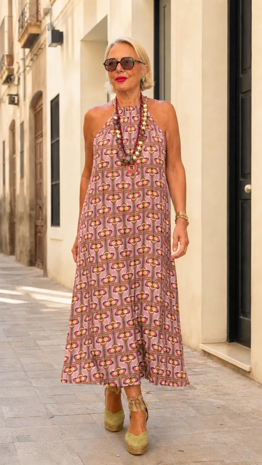 Women's Retro Print Halter Maxi Dress Sleeveless Flowy Resort Sundress