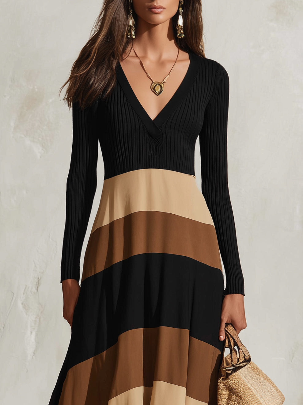 Bohemian Multi Brown Stripe Ribbed Knit Chiffon Maxi Dress