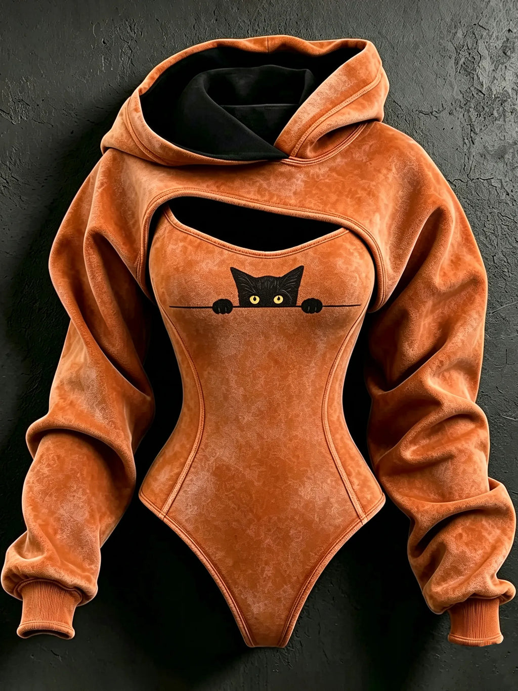 Women's Retro Black Cat Print Hoodie Two-piece Set