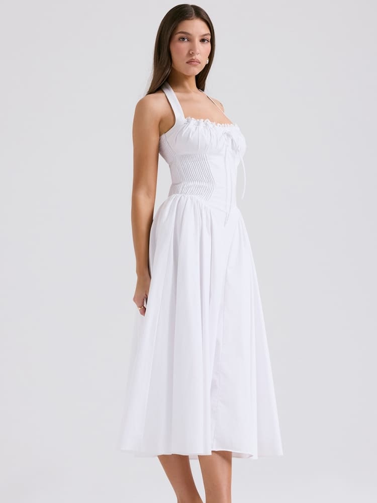 White Backless Halter Midi Dress