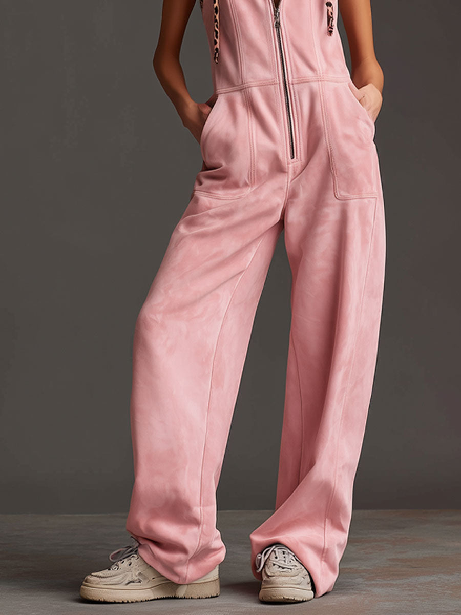 Western Retro Pink Faux Suede Sleeveless Leopard Print Hooded Wide-Leg Jumpsuit
