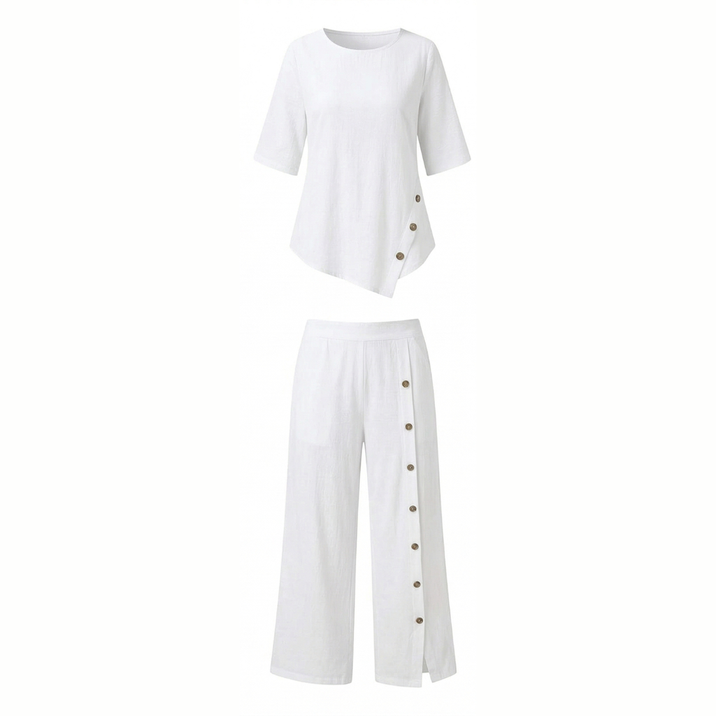 Casual Linen Blend 2-Piece Set with Button Details