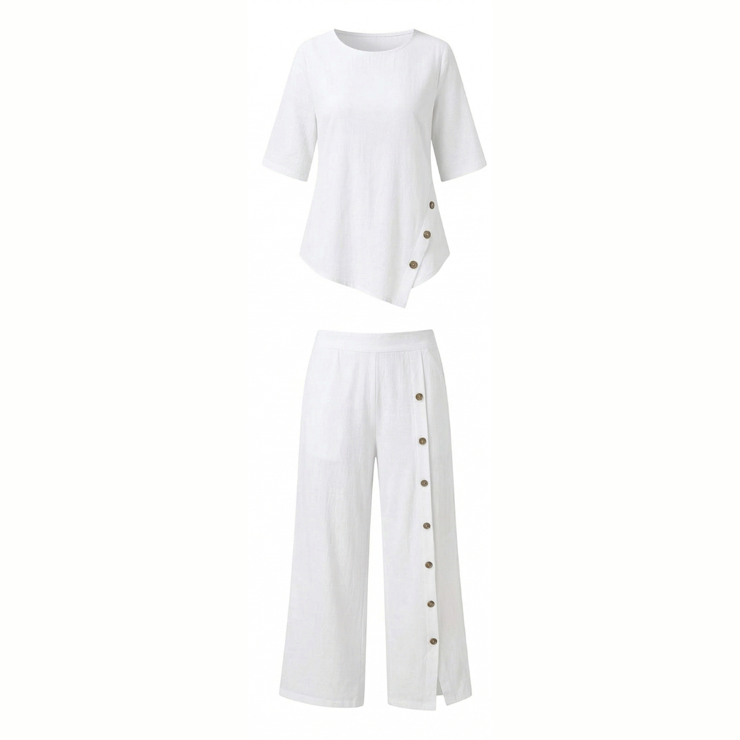 Casual Linen Blend 2-Piece Set with Button Details