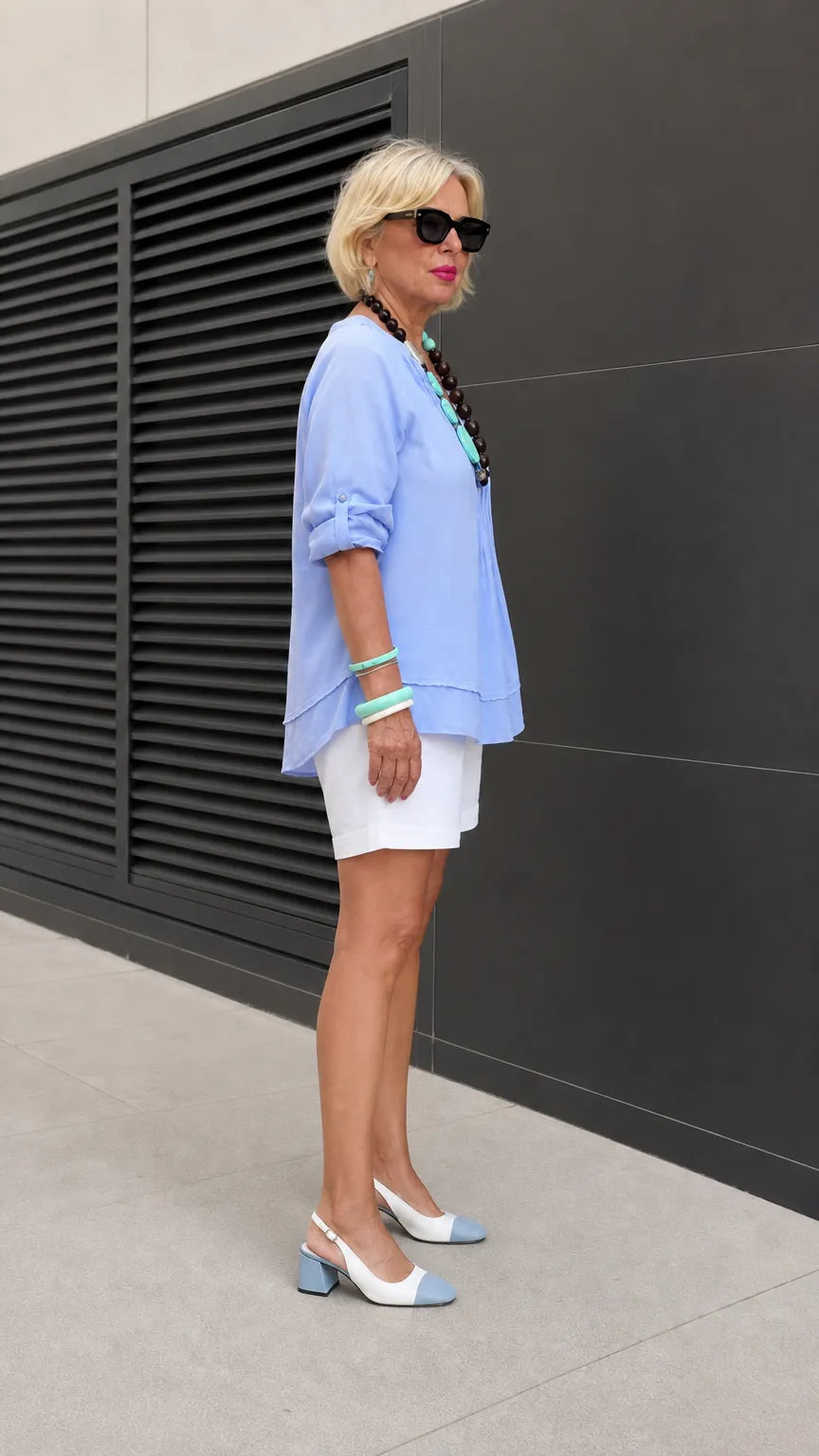 Women's Pleated Split Neck Tunic Blouse with Tiered Hem