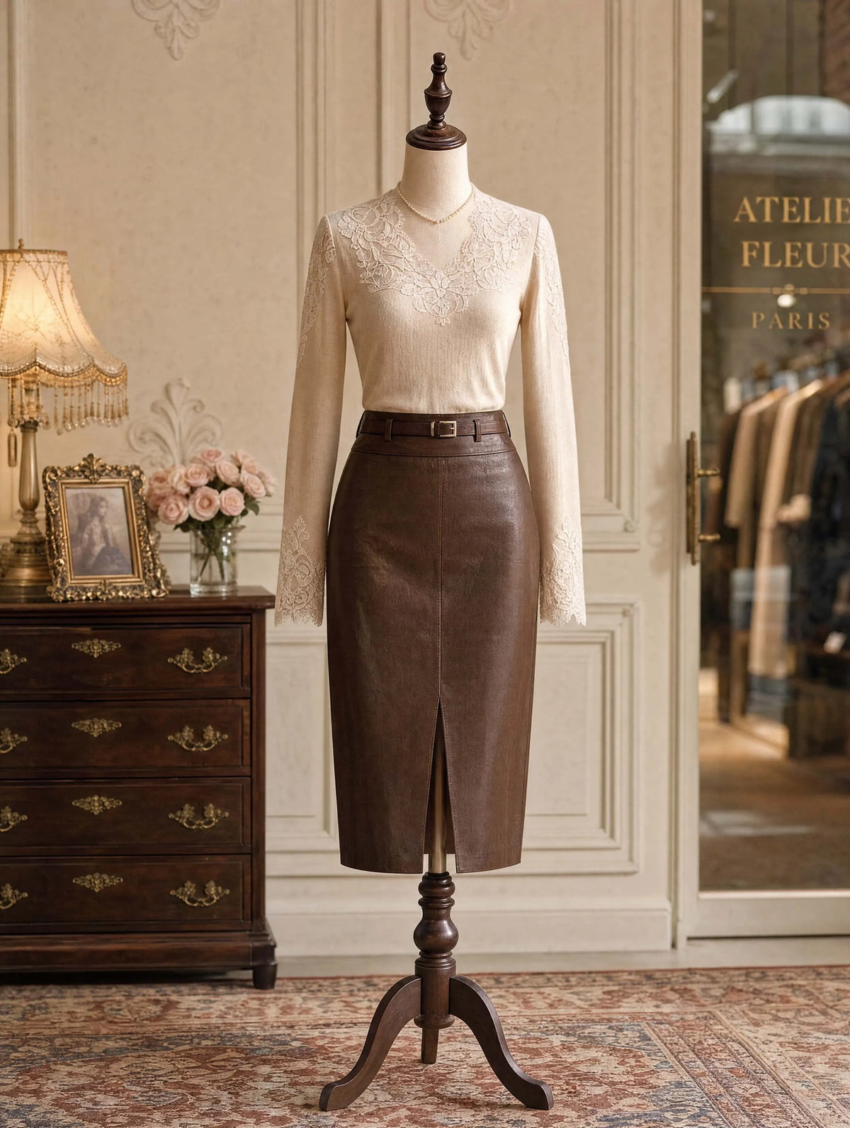 Vintage Belted Split Front PU Midi Skirt