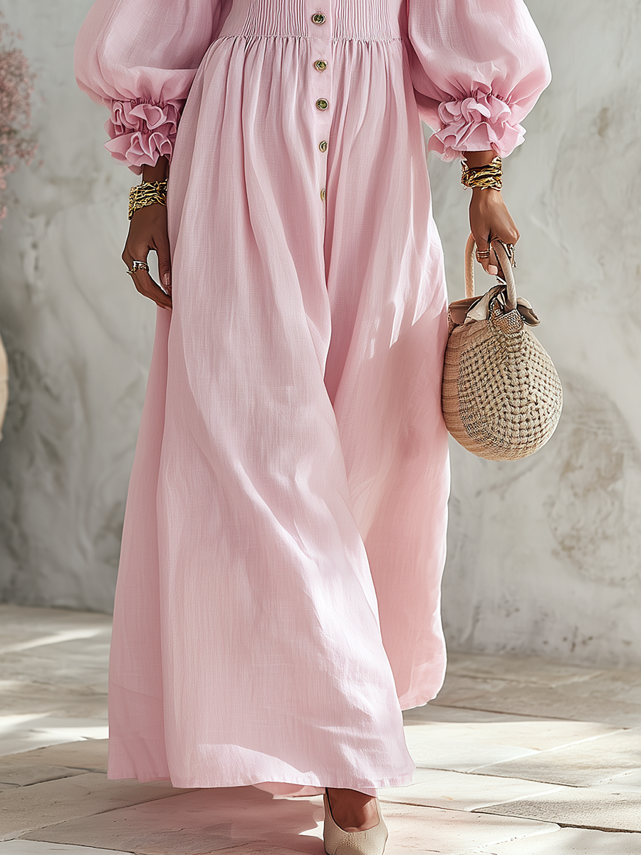 Resort-style V-neck Lantern Sleeve Solid Color Maxi Dress