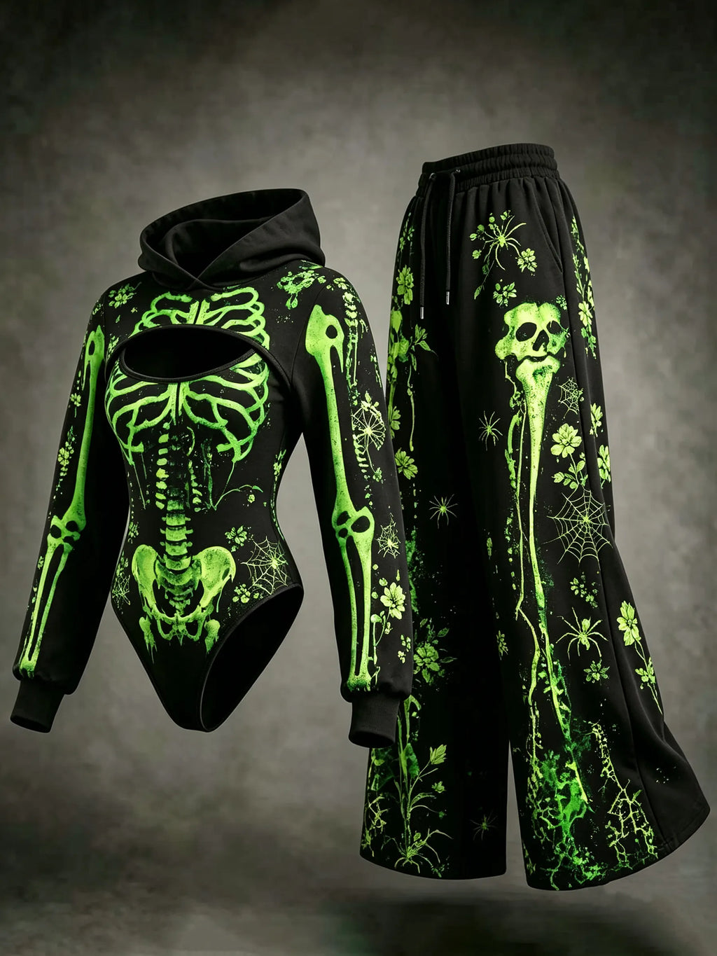 Women's Dark Retro Halloween Skeleton Spider Web Floral Print Three-piece Set