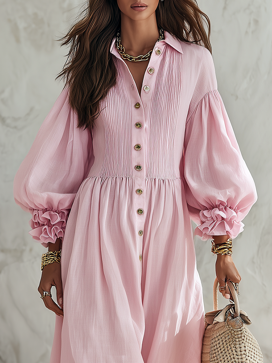Resort-style V-neck Lantern Sleeve Solid Color Maxi Dress