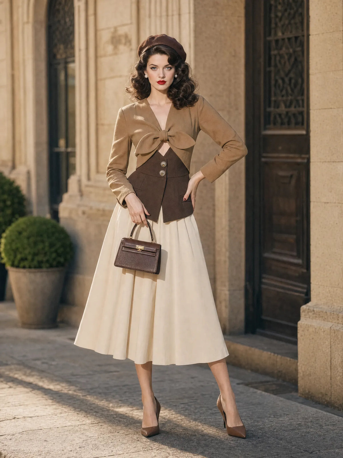 Vintage Hepburn Style Bow Front Cropped  Top