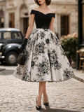 1950s Vintage Off-ShouldeRose Print Belted Fit-and-Flare Midi Dress