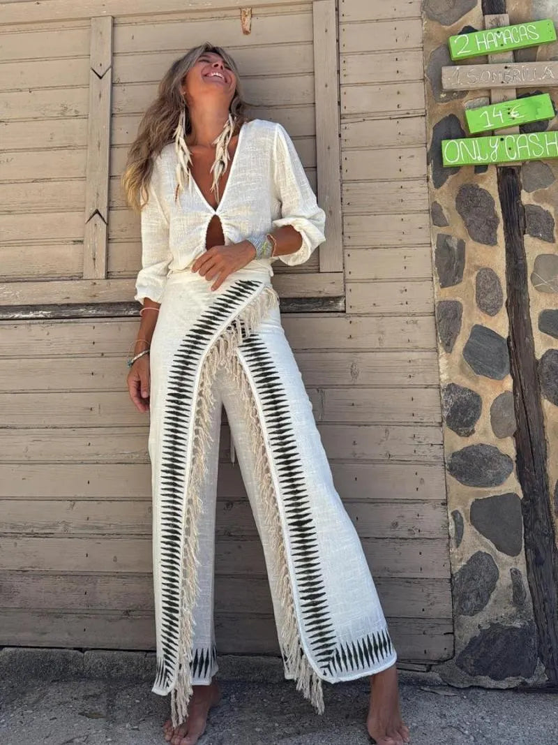 Elar Contrast Black Fringe Pants Set