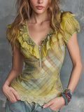 Boho Vintage Ruffled Zip-Front Sheer Top In Soft Moss Green