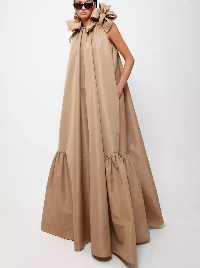 Long Taffeta Maxi Dress with Bows