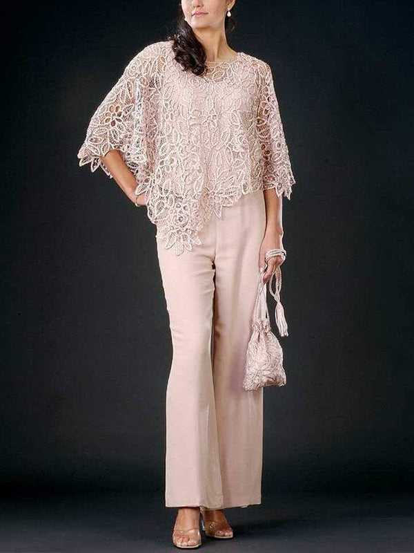 Lace crew neck top trousers set