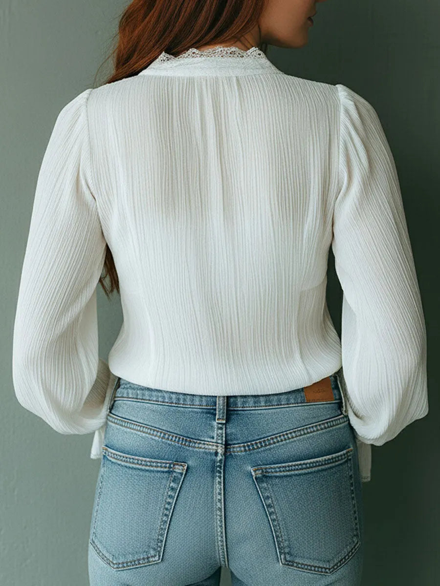Boho Ruffled V-Neck White Pleated Lace Tie-Front Blouse