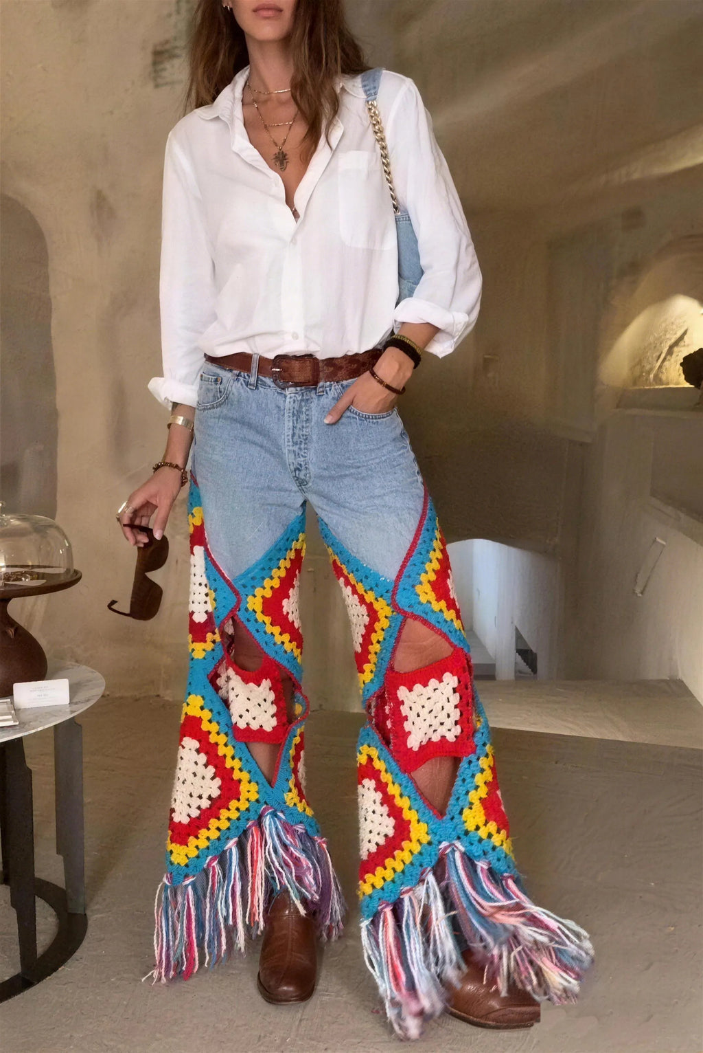 Women's Resort Multicolor Knit-Panel Fringe-Hem Pants