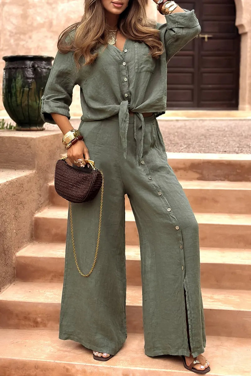 Women's Lapel Slit Button Cotton and Linen Casual Suit