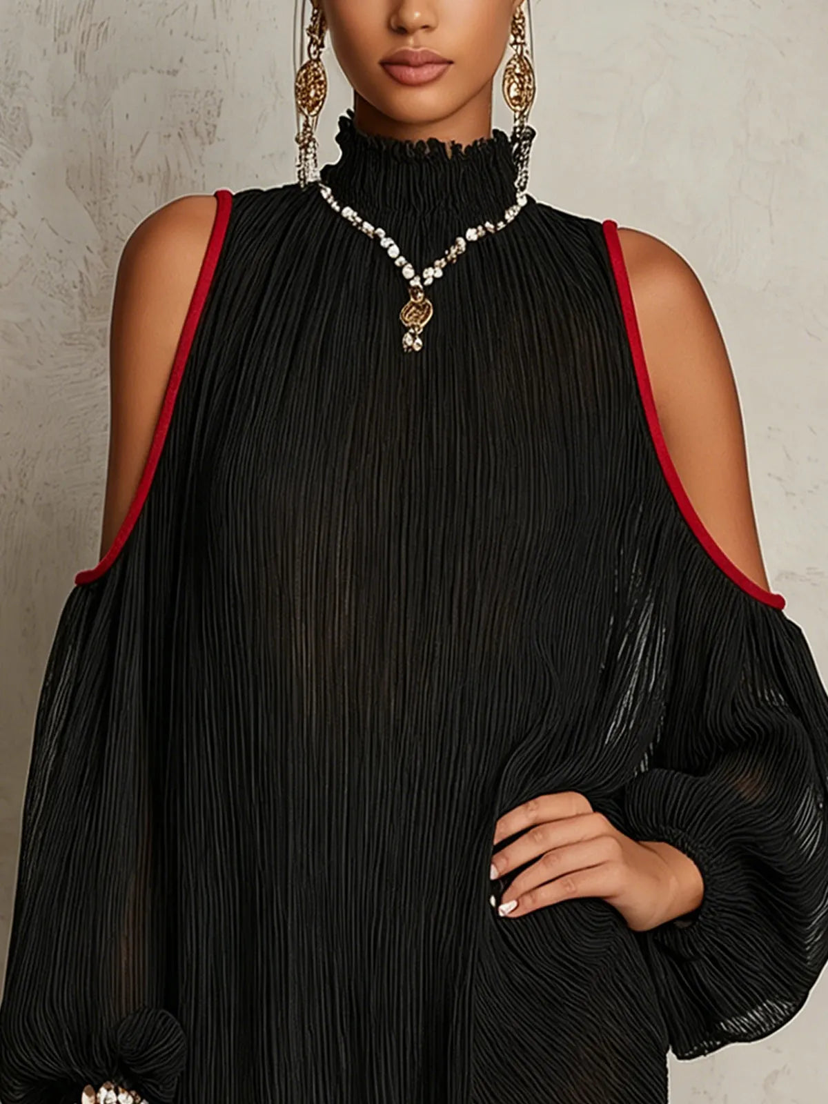 Black Pleated Chiffon Off-shoulder Mini Dress With Red Trim