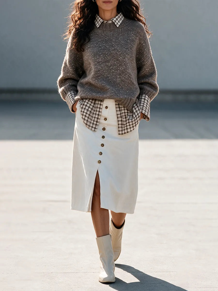 Women's Marled Cable‑Knit Faux Two‑Piece Knit Top & Button‑Front Slit Midi Skirt Set MDZ0243I5R