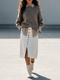 Women's Marled Cable‑Knit Faux Two‑Piece Knit Top & Button‑Front Slit Midi Skirt Set MDZ0243I5R