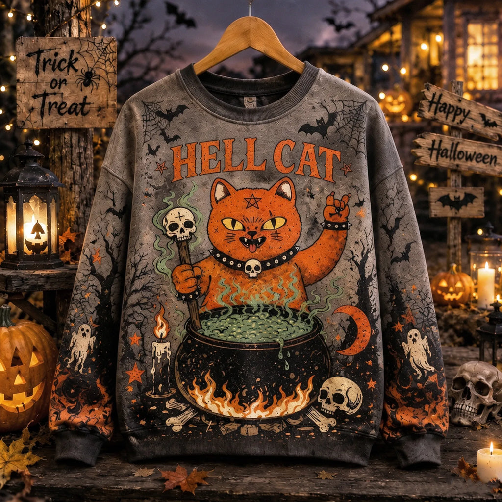 Vintage Distressed Gothic Halloween Ghost Pumpkin Orange Devil Cat Sweatshirt