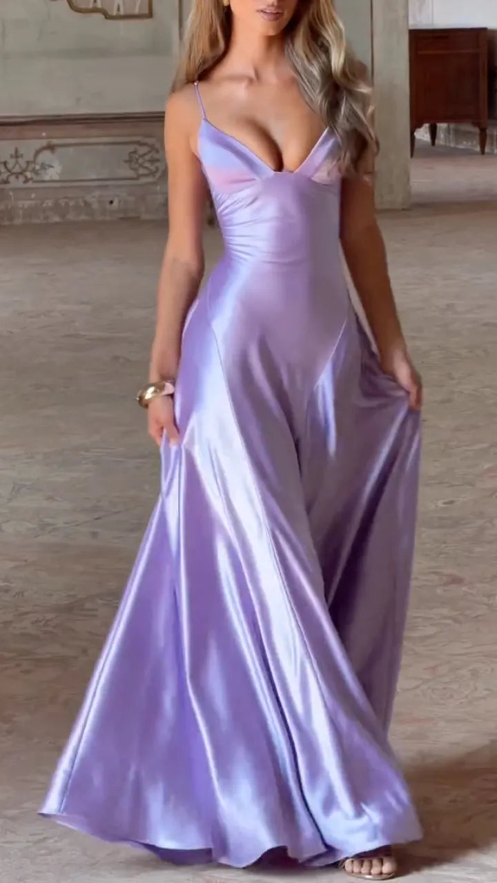 Lavender Satin V‐Neck Slip Maxi Gown