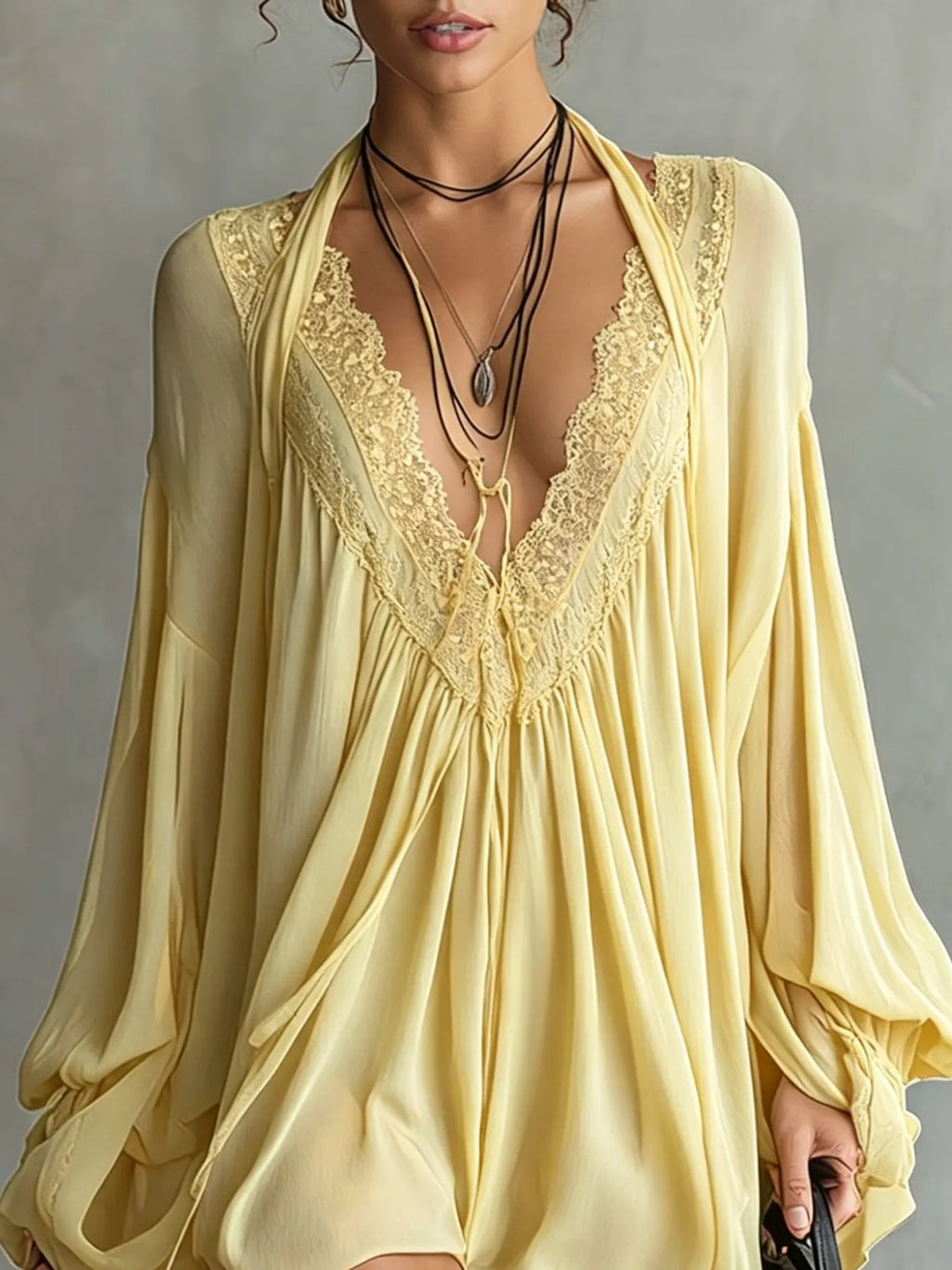 Black Chiffon Halter Mini Dress With Lace Neckline
