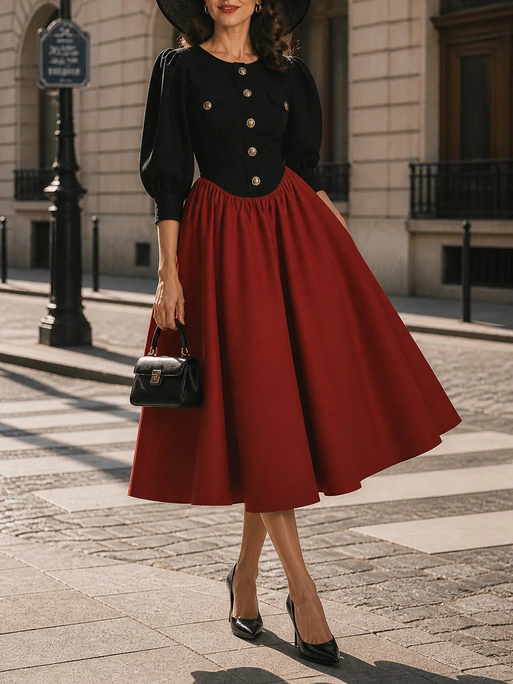 Vintage Black Red Puff-Sleeve Button-Front A-Line Dress