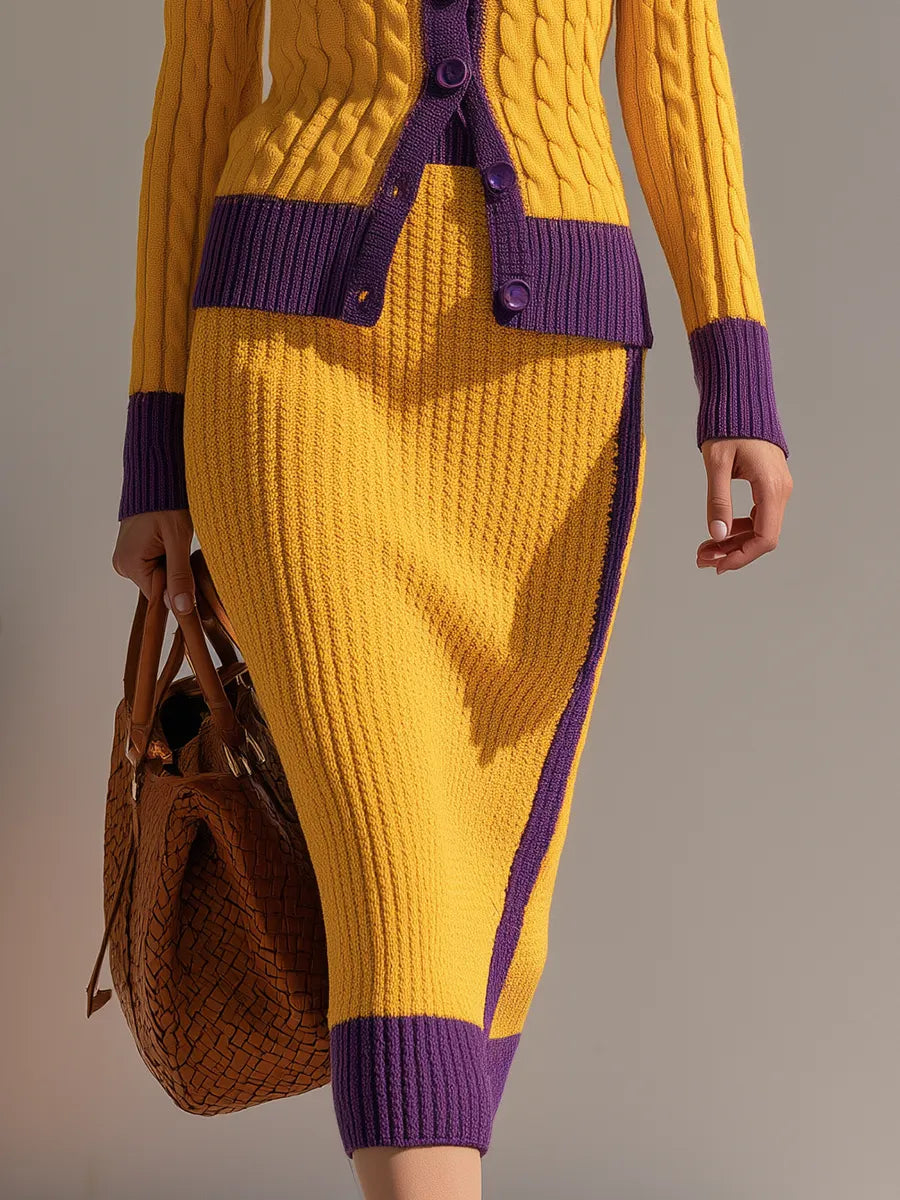 Retro-style Cable-knit Color-block Sweater And Skirt Set