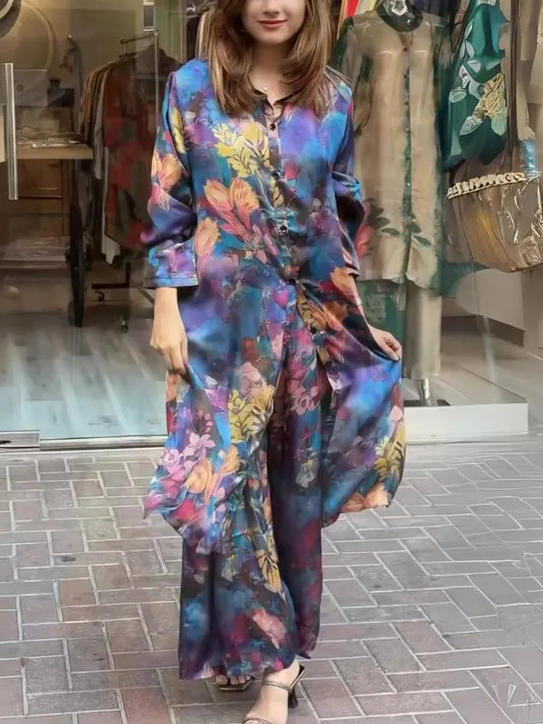 Women's lapel button-down printed shirt long coat and pants set