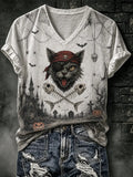 Women's Gothic Halloween Pirate Cat Fishbone Short-sleeve Top