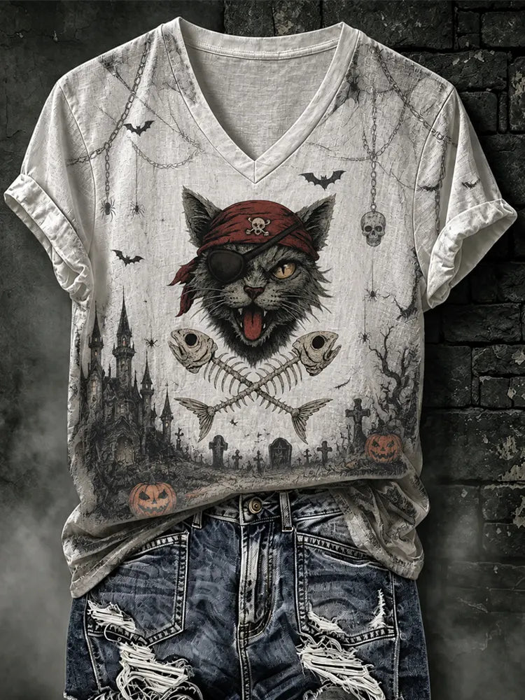 Women's Gothic Halloween Pirate Cat Fishbone Short-sleeve Top