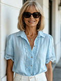 Lace Cotton and Linen Short-sleeved Casual Shirt Women