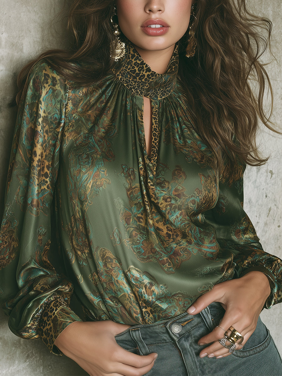 Elegant Leopard Print Satin Blouse With Keyhole Neckline