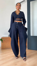 Denim Wrap Crop Top & Origami Wide‐Leg Pant Set