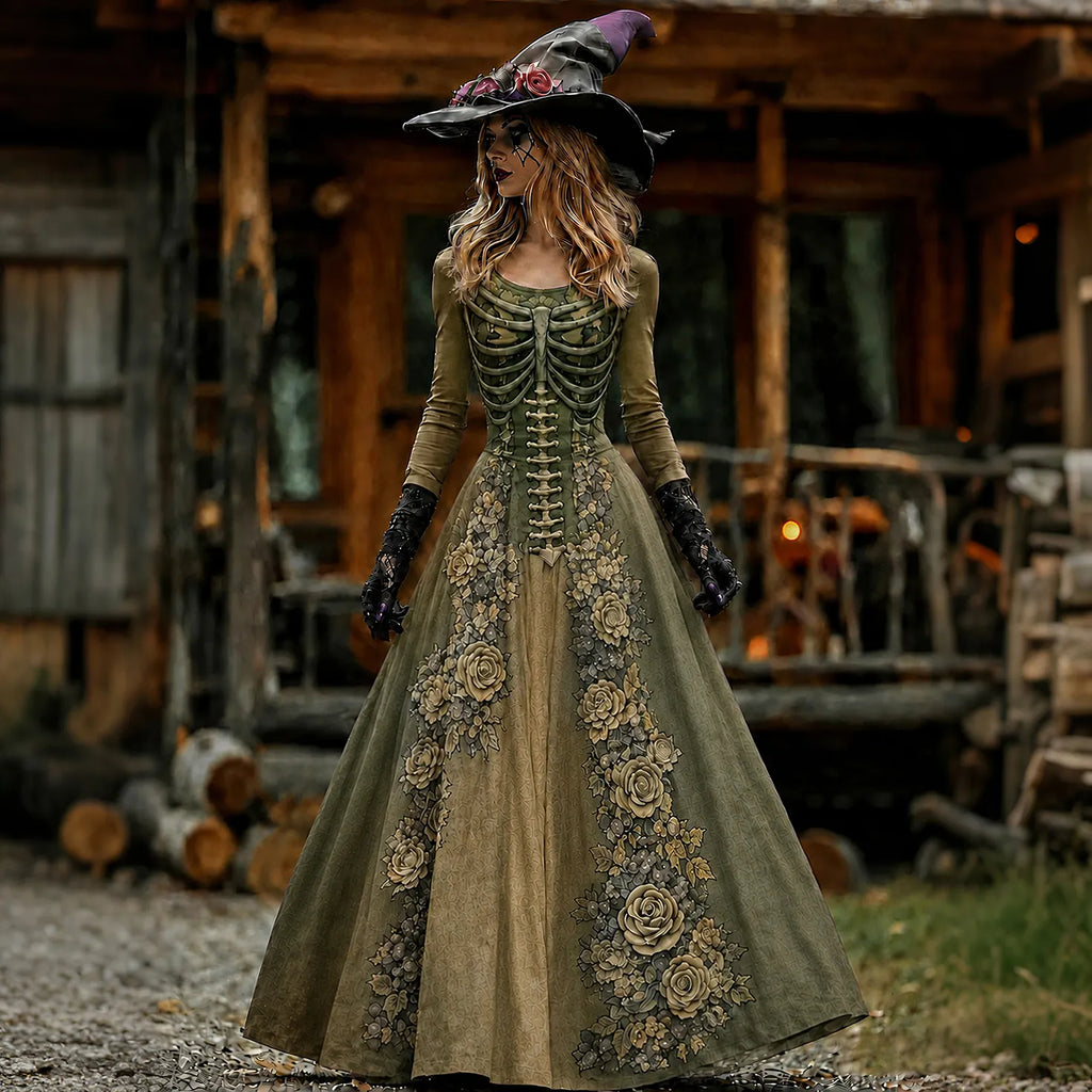 Vintage  Skull Rib Cage Rose Pattern Maxi Dress
