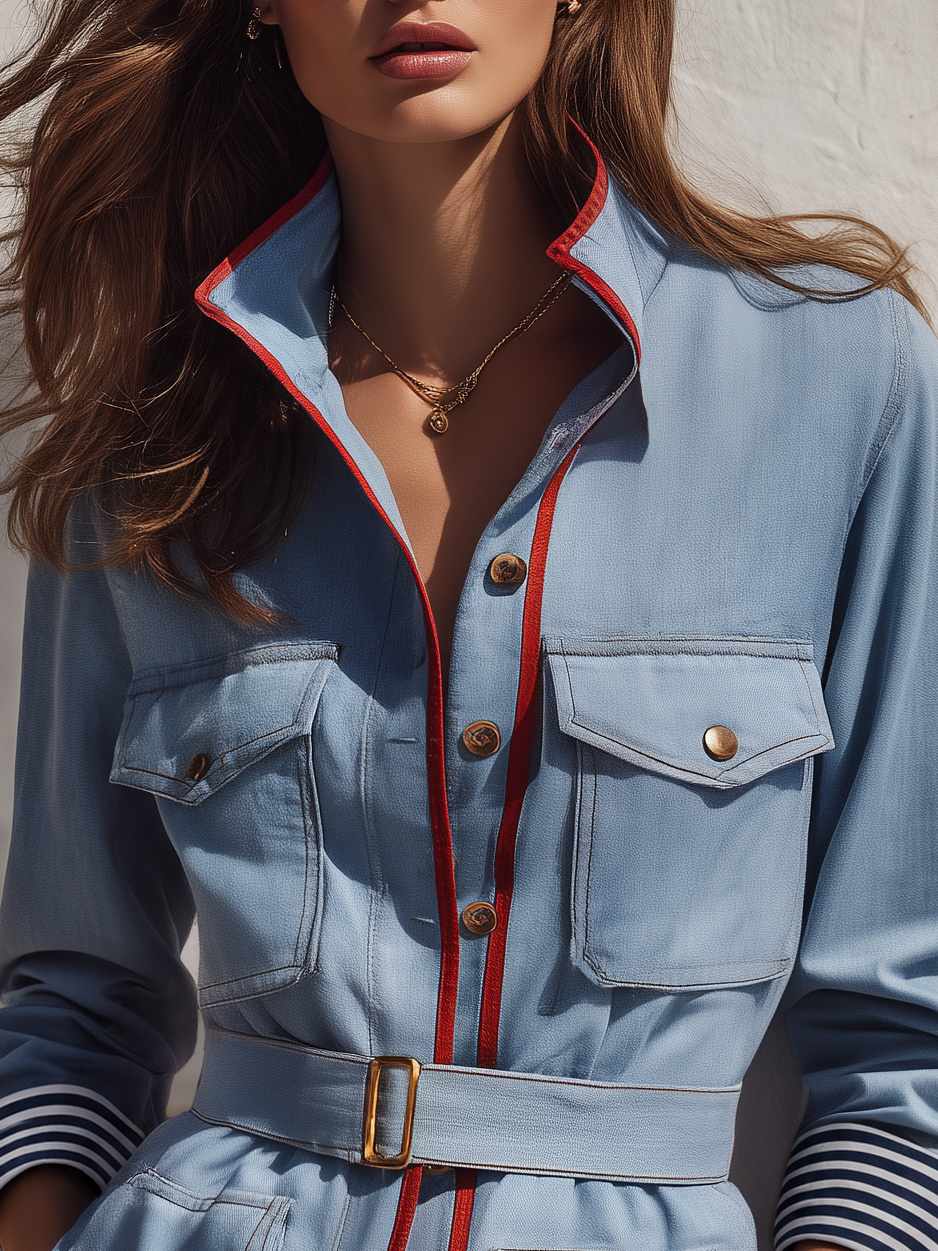 Casual Retro Color-blocked Trim Multi-pocket Jacket