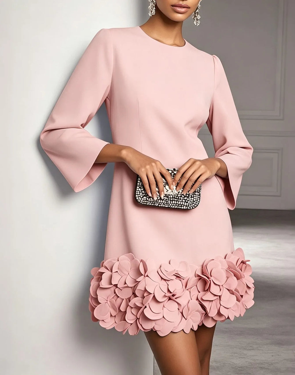 Black Round Neck 3D Floral Ruffle Hem Mini Dress