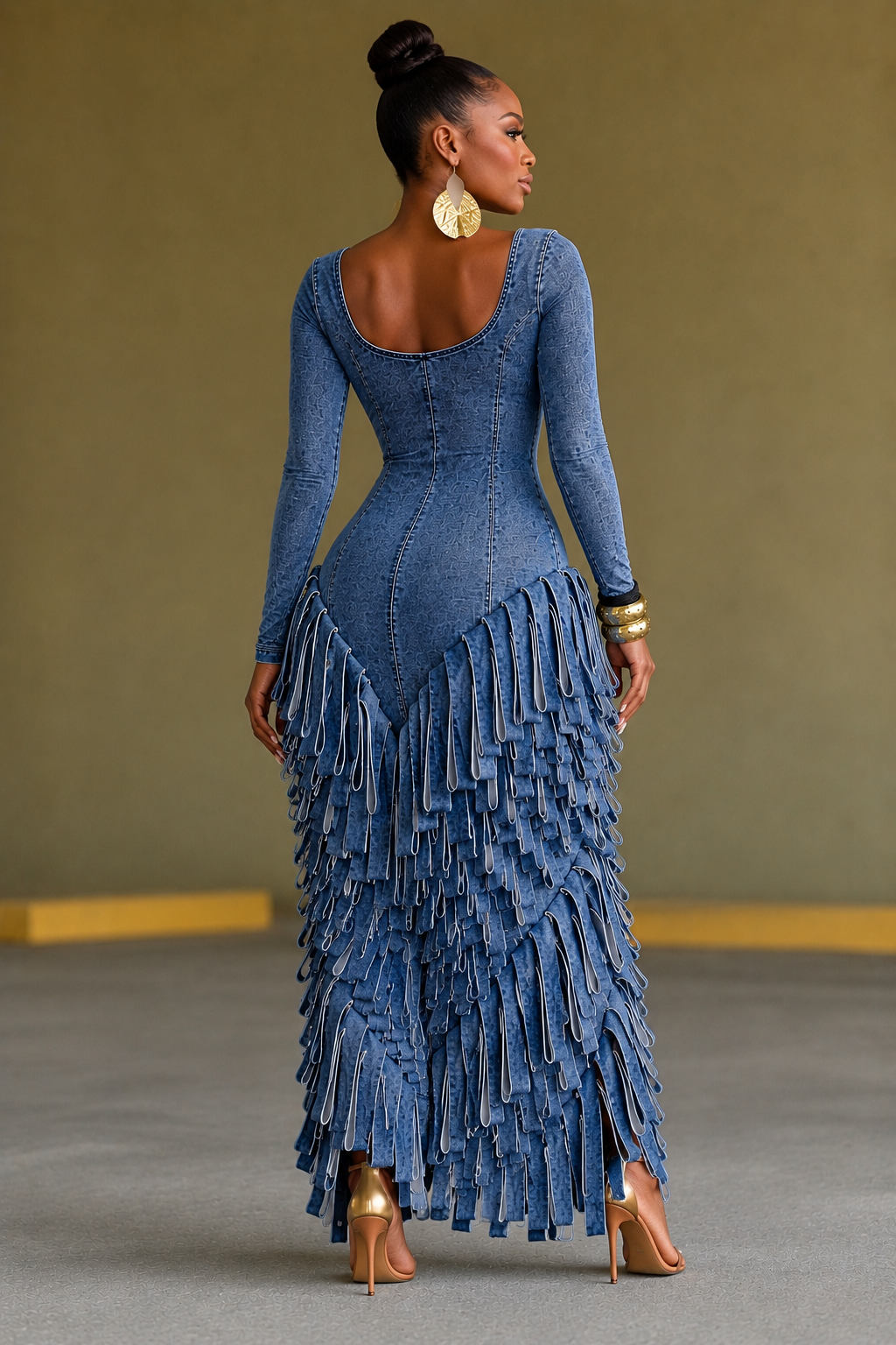 Long Sleeve U‐Neck Layered Fringe Maxi Dress