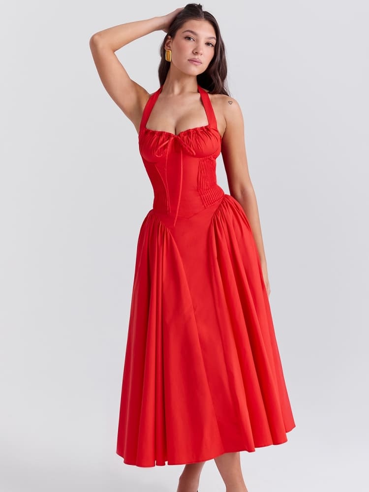 Red Backless Halter Midi Dress