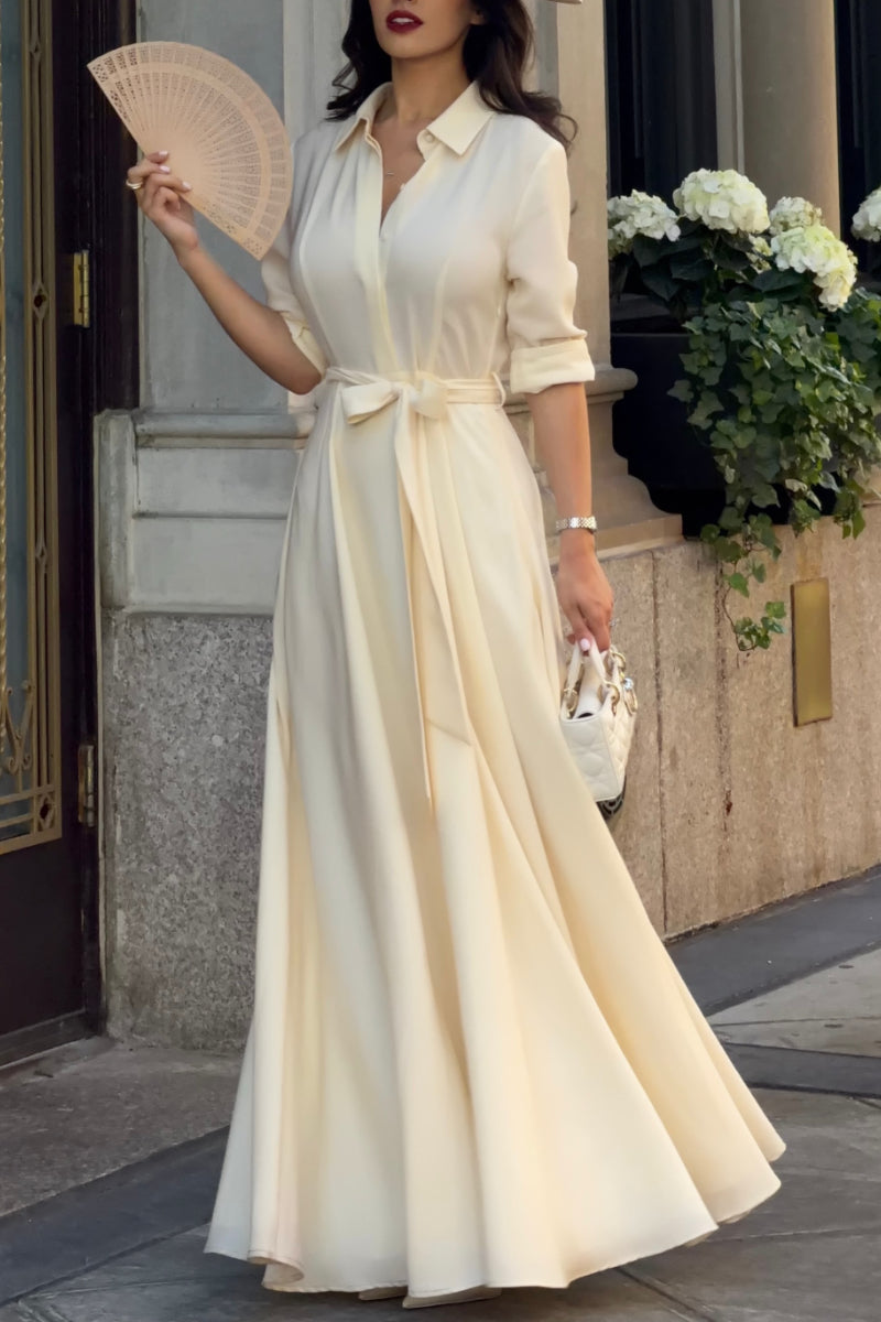 Cream Belted Shirt‐Style Maxi Dress