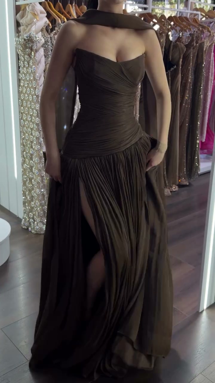 chocolate-brown-strapless-draped-gown-pleated-maxi-dress-with-scarf