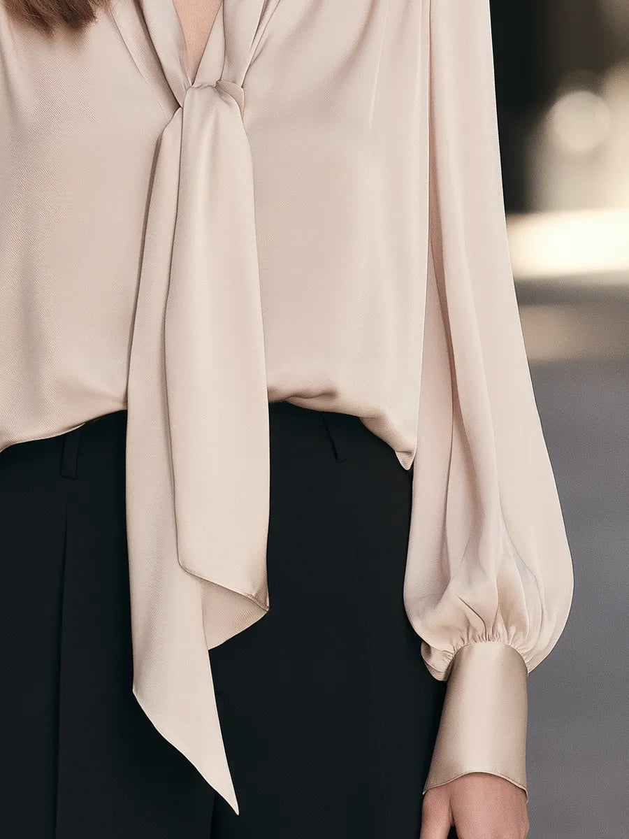 Tie-Neck Balloon Sleeve Satin Blouse