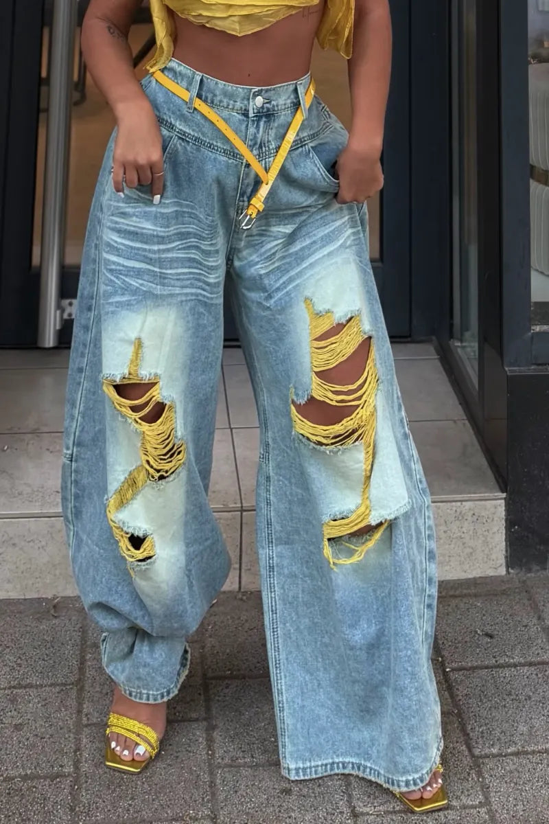 Acid Wash Yellow‐Thread Ripped Baggy Jeans