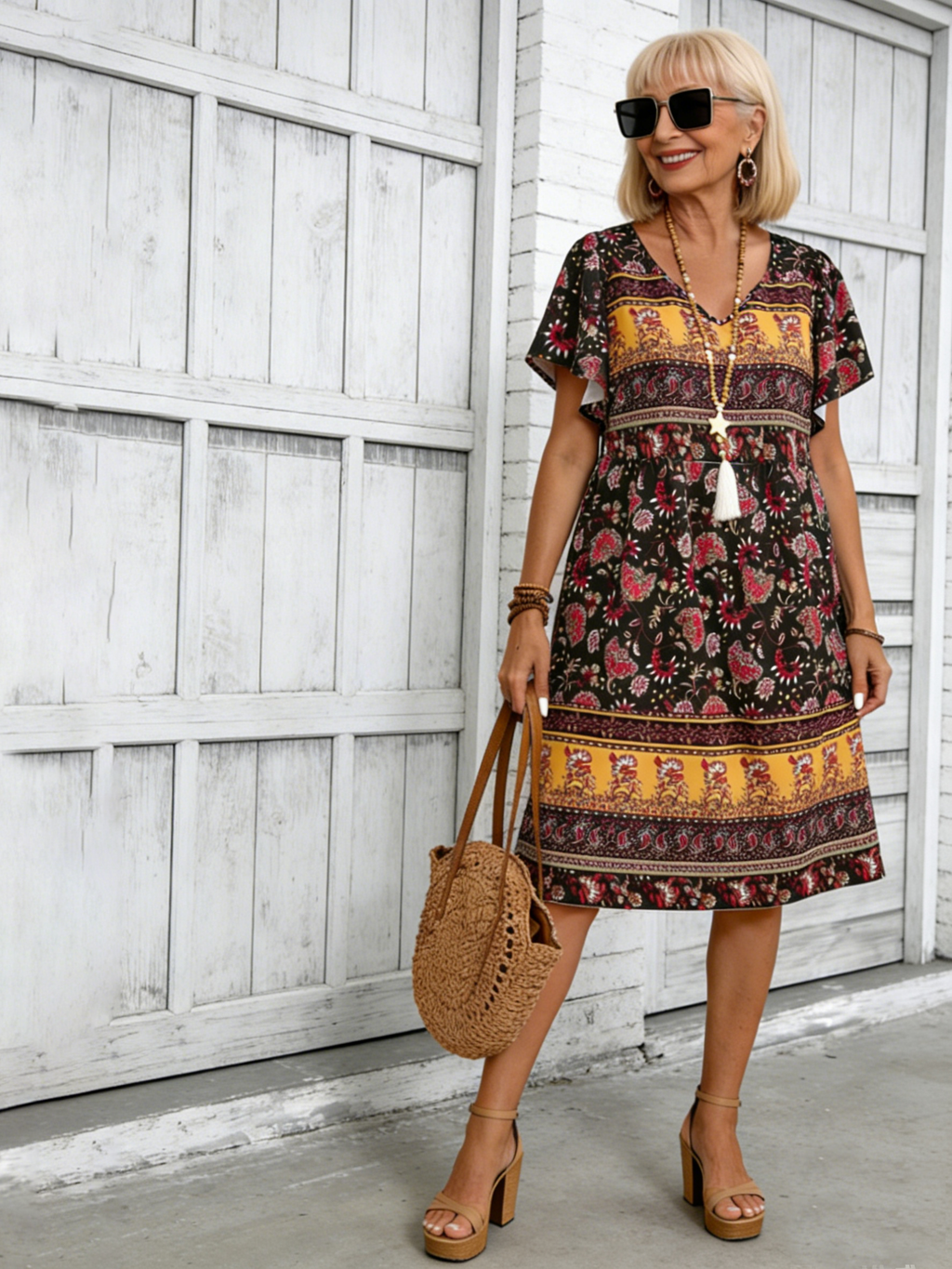 BOHO Floral Print Short-sleeved Pullover Round Neck Casual Medium-length Dress