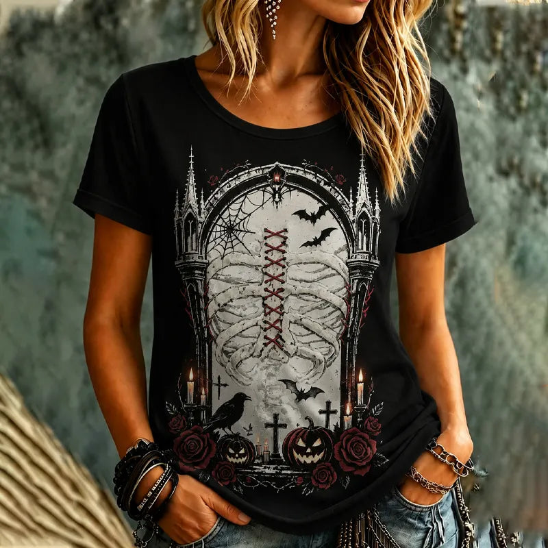 Women's Gothic Halloween Skeleton Window Short Sleeve Top