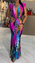 Colorful Tie‐Dye Deep V Twist Maxi Dress